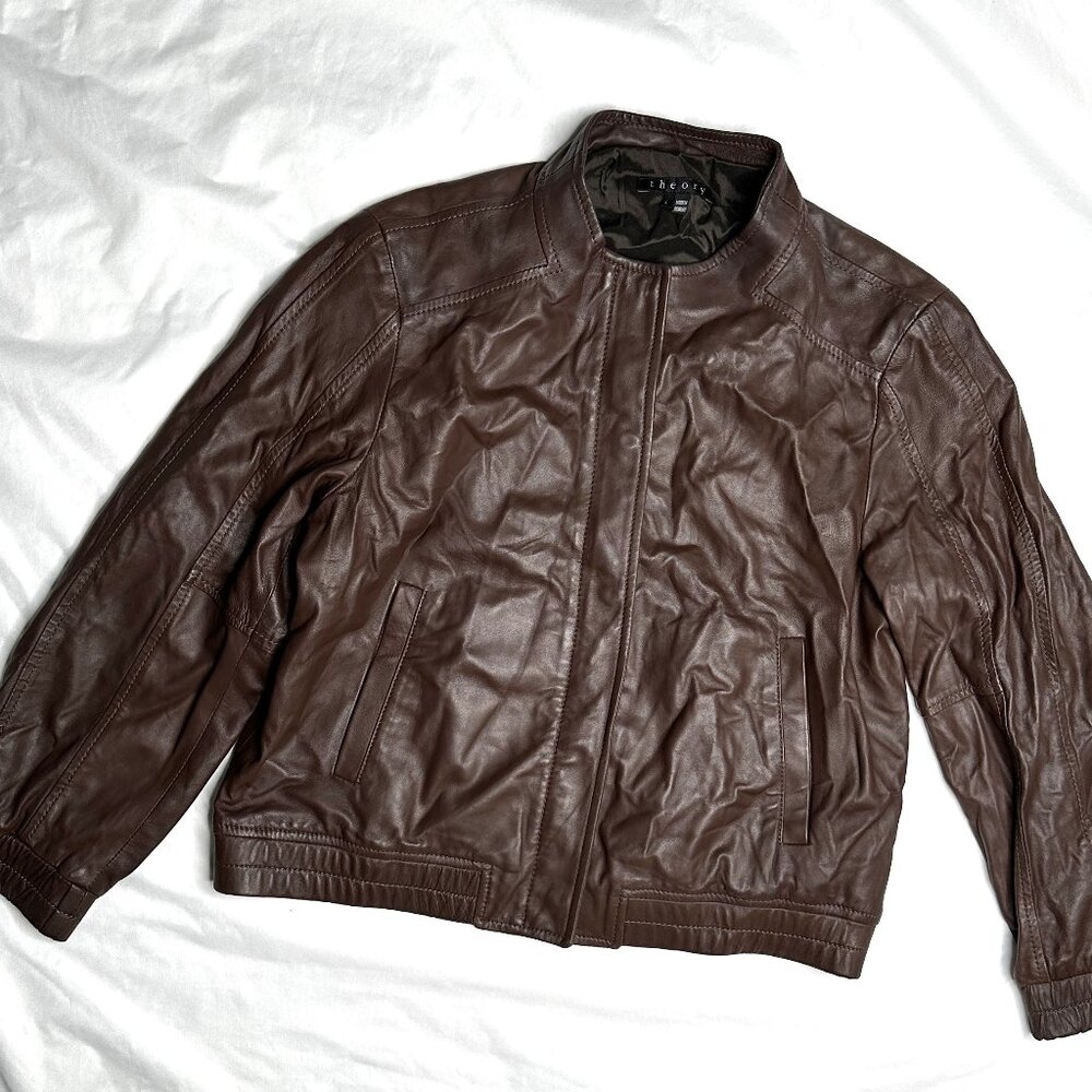 Theory Leather Jacket Womens Size L Brown Gemana Expose